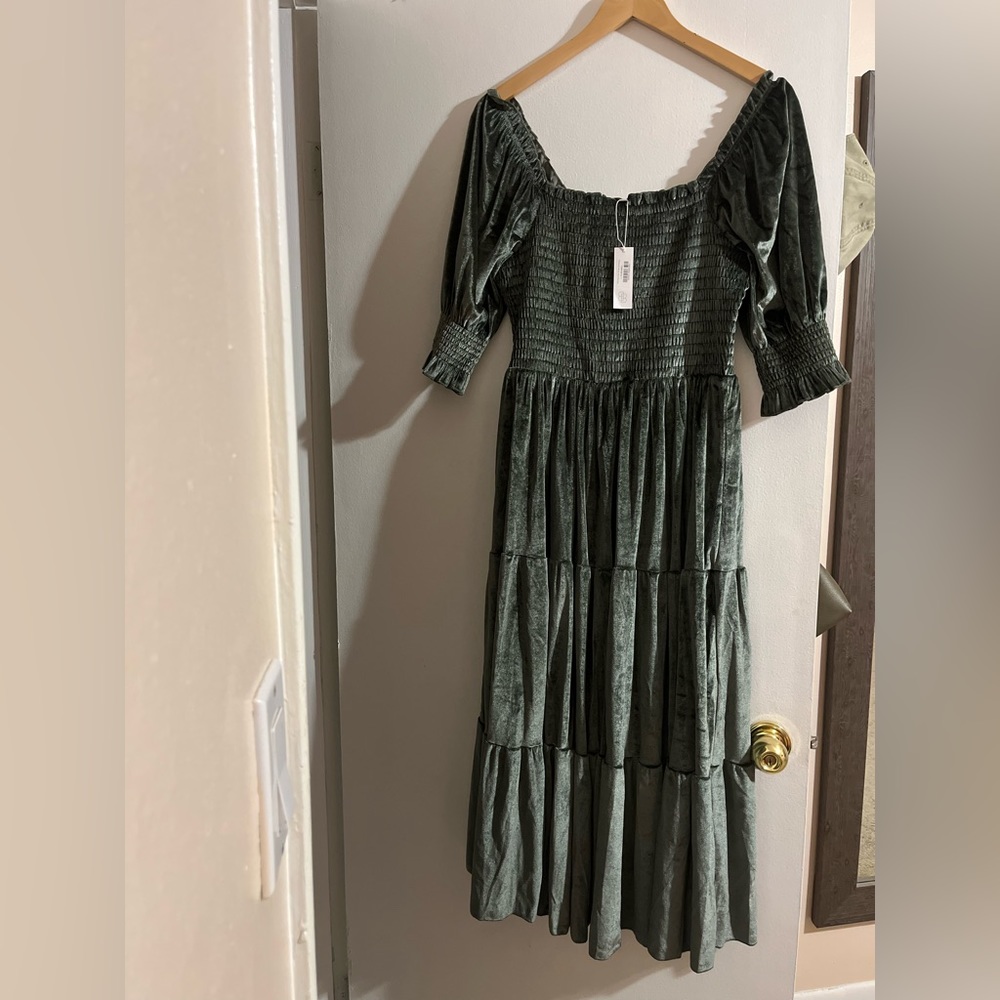 Baltic Born Olive Green Velvet Tiered Smocked Midi Dress